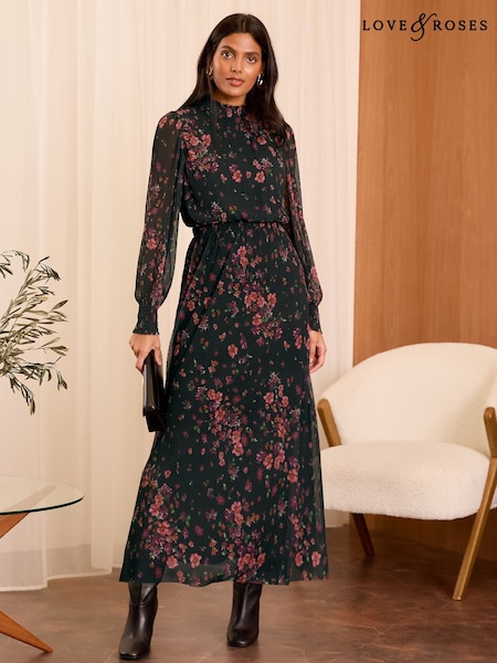 Love & Roses Black Plisse Midi Dress (AD6982) | LEI 291