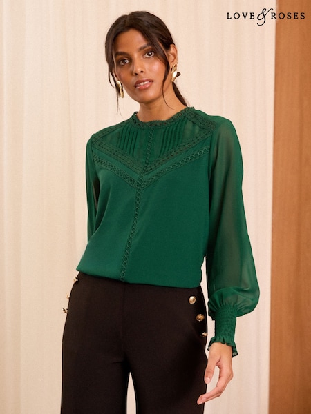 Love & Roses Green Jersey Chiffon Sleeve Lace Trim Blouse (AD6984) | €49