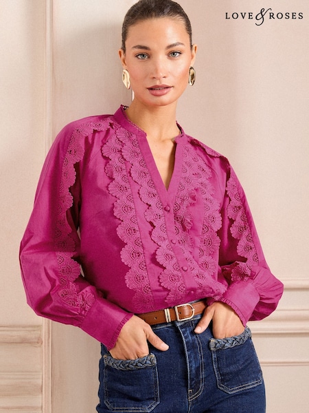 Love & Roses Lace Detail Button Through Long Sleeve Blouse (AD7002) | €39