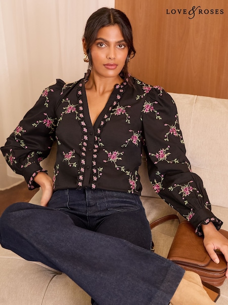 Love & Roses Black Floral Embroidered Notch Neck Long Sleeve Blouse (AD7017) | 2,764 UAH