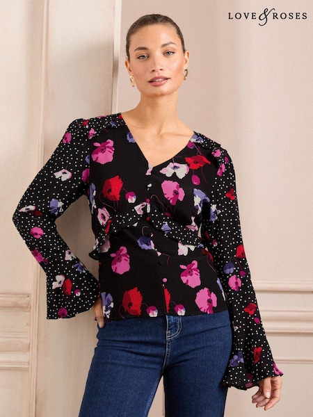 Love & Roses V-Neck Tie Detail 3/4 Sleeve Peplum Top (AD7035) | 208 LEI