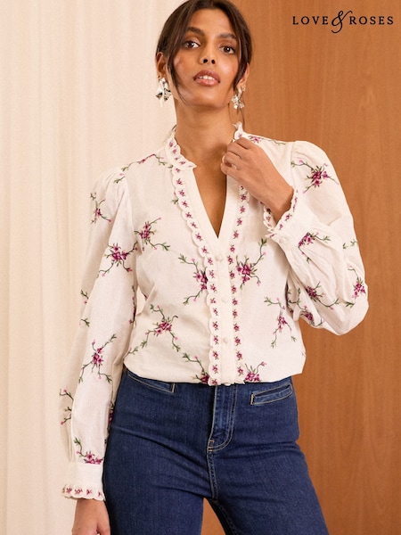 Love & Roses Ivory Floral Petite Embroidered Notch Neck Long Sleeve Blouse (AD7050) | 2,764 UAH