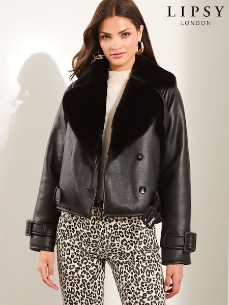 Lipsy Black Bonded Faux Fur Crop Trench Jacket (AD7434) | € 49