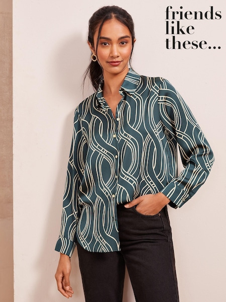 Friends Like These Green Petite Satin Long Sleeve Button Through Shirt (AD7436) | 198 QAR