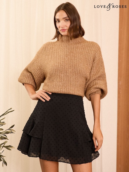 Love & Roses Black Dobby Trim Tiered Mini Skirt (AD7486) | €27