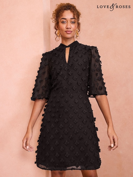 Negru - Love & Roses 3D Floral Print Angel Sleeve Mini Dress (AD7544) | 447 LEI