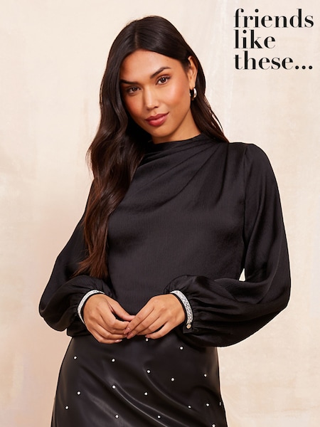 Friends Like These Black Long Sleeve Satin Drape Blouse (AD7546) | €24