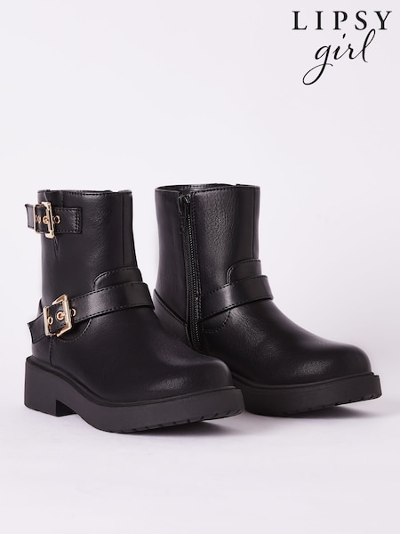 Lipsy Black Buckle Biker Faux Leather Flat Ankle Boots (AD7612) | ₪171 - ₪191