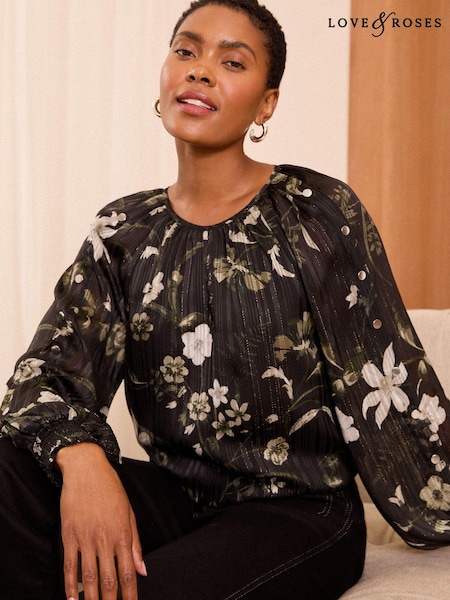 Love & Roses Black Floral Metallic Detail Crew Neck Long Sleeve Blouse (AD7616) | AED113