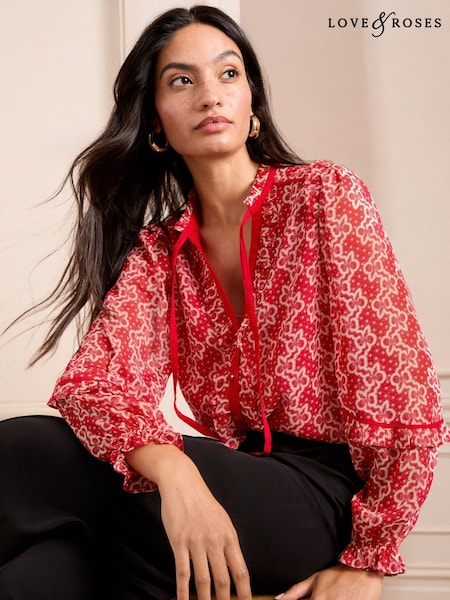 Love & Roses Red Bow Printed Tie Neck Detail Long Sleeve Blouse (AD7647) | AED245