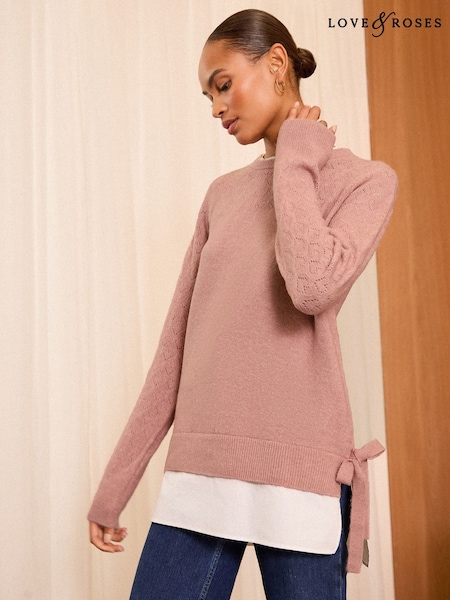 Roz - Pulover tricotat cu ciucuri și cusături Love & Roses 2 în 1 Cămăși (AD7658) | 240 LEI