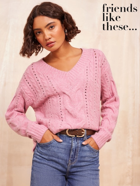 Friends Like These Pink V-Neck Pointelle Stitch Detail Jumper (AD7705) | €48
