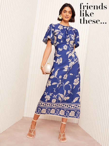 Friends Like These Blue Petite Satin Puff Sleeve Midi Dress (AD7752) | 272 QAR