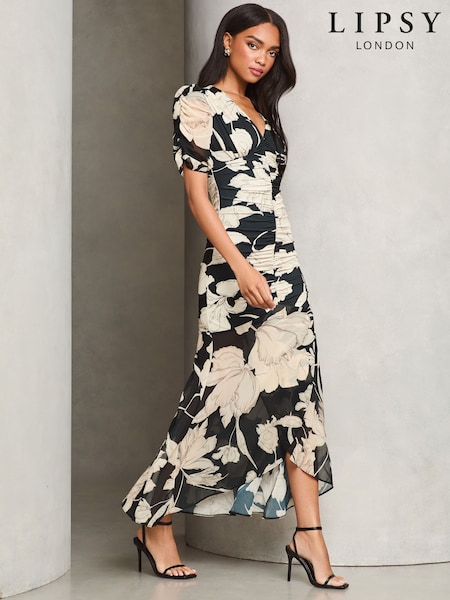 Lipsy Black/White Floral Ruched Fabric Mix Midaxi Ruffle Dress (AD7813) | € 106