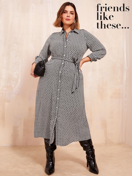 Friends Like These Black/White Curve Printed Midi Shirt Dress (AD7845) | AED160