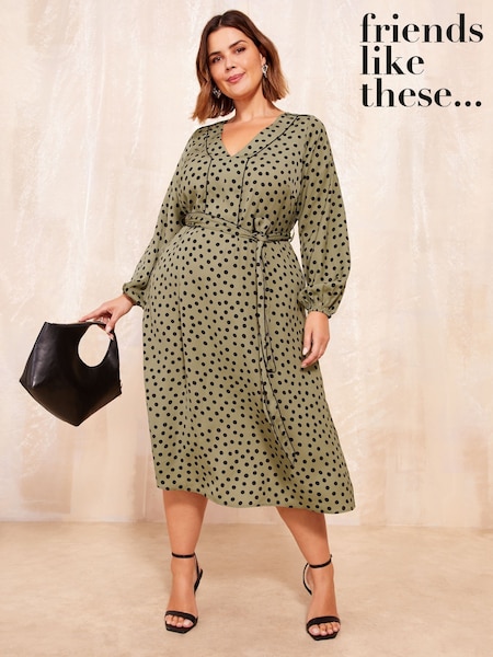 Friends Like These Khaki Green Curve Printed Midi Shirt Dress (AD7850) | €69