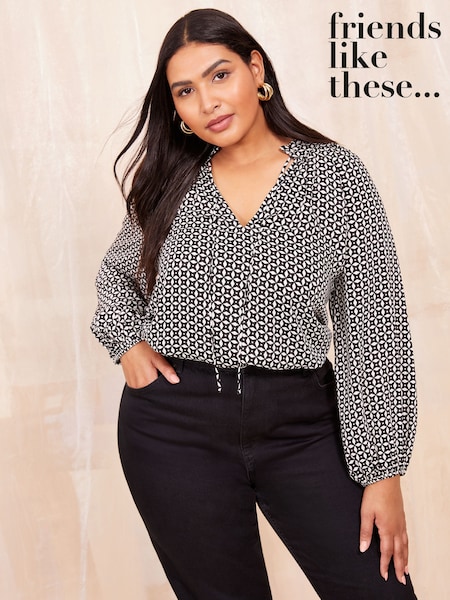 Friends Like These Black/White Long Sleeve Satin Tie Neck Blouse (AD7878) | 178 QAR