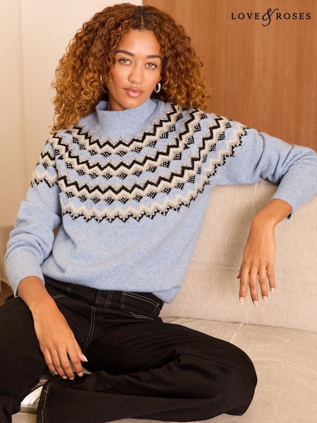 כחול  - Love & Roses Cosy Hotfix Jumper With A Touch Of Wool (AD7899) | ‏211‏₪