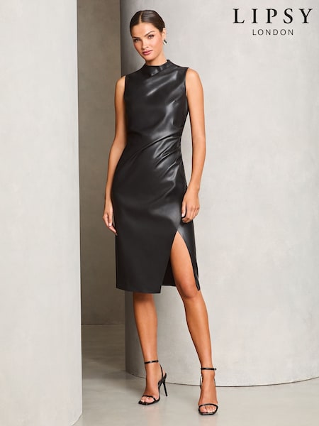Lipsy Black Faux Leather Drape Bodycon Midi Dress (AD8061) | €78.50