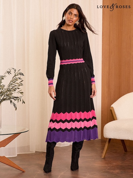 Love & Roses Black Petite Fine Gauge Pleated Midi Knitted Dress (AD8077) | $113