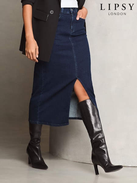 Lipsy Dark Blue Wash Denim High Rise Split Midi Skirt (AD8133) | €28