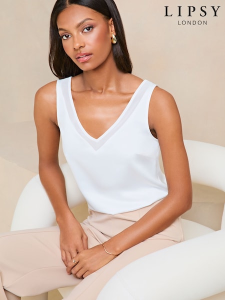Lipsy Ivory White Chiffon Panel V-Neck Camisole (AD8147) | 1,923 UAH