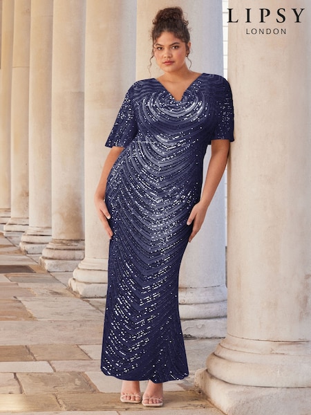 Lipsy Navy 2 Curve Cowl Neck Sequin Maxi Dress (AD8170) | $221
