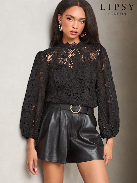 Musta - Lipsy Lace Korkea kaulus Blouson Pusero (AD8185) | €66