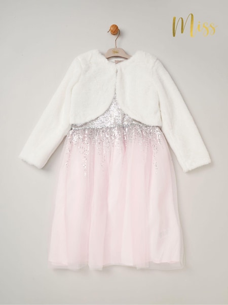 Miss Sequin Waterfall Dress With Faux Fur Bolero Outfit Set (AD8197) | $102