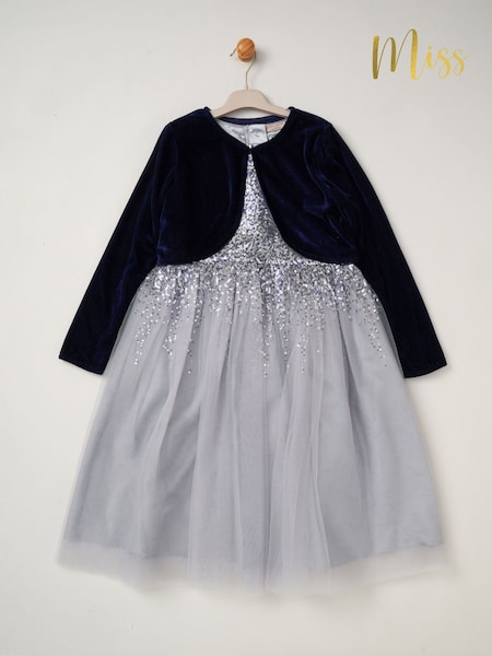 Miss Sequin Waterfall Dress With Faux Fur Bolero Outfit Set (AD8206) | $102