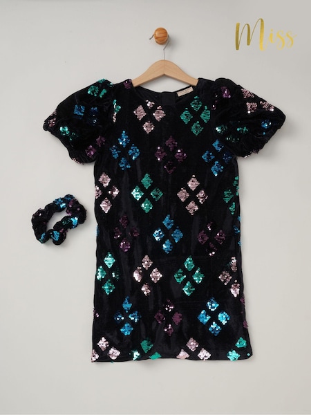Negru - Set rochie Miss Sequin Shift și scrunchie asortat (AD8210) | 283 LEI