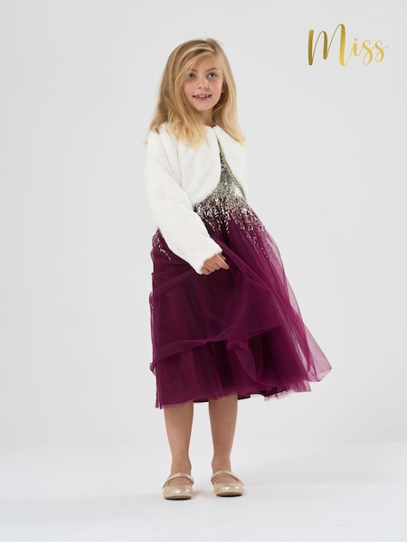 Miss Sequin Waterfall Dress With Faux Fur Bolero Outfit Set (AD8214) | $102