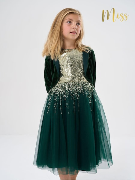 Miss Sequin Waterfall Dress With Faux Fur Bolero Outfit Set (AD8215) | €56