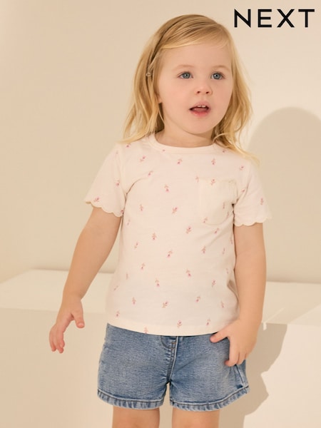 Ecru Ditsy Floral 100% Cotton Print Short Sleeve Scallop T-Shirt (3mths-7yrs) (AD8238) | €7 - €10