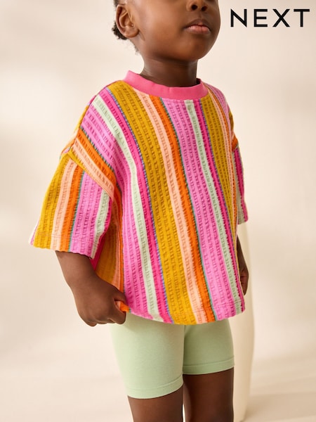 Pink Rainbow Stripe Girls Short Sleeve 100% Cotton T-Shirt (3mths-7yrs) (AD8247) | €8 - €11