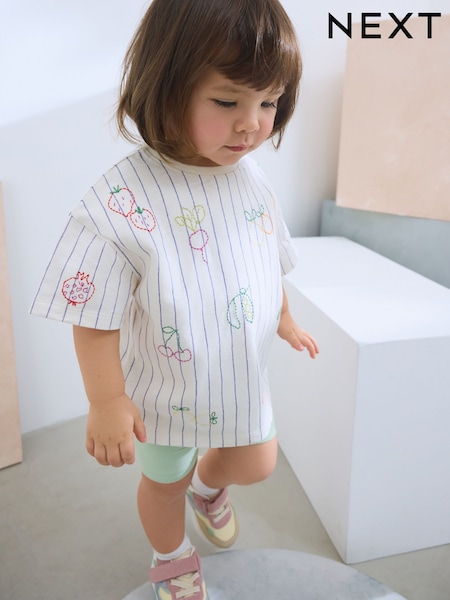 White Stripe Embroidered Fruits Short Sleeve T-Shirt (3mths-7yrs) (AD8299) | €10 - €13