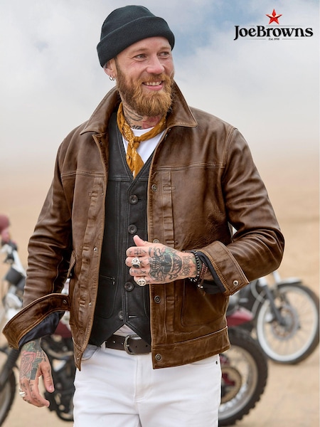 Joe Browns Brown Collared Trucker Leather Jacket (AD8389) | AED655