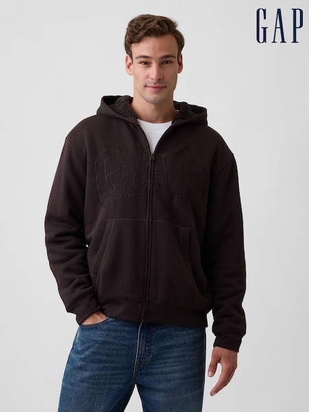 Brown - Regular Gap Relaxed Logo Sherpa-lined Zip-up Hoodie