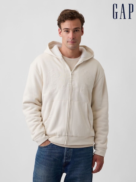 Cream - Regular Gap Relaxed Logo Sherpa-lined Zip-up Hoodie