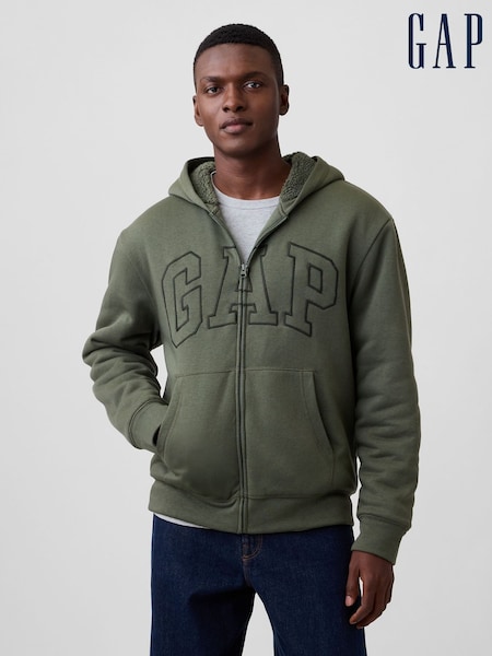 Khaki Green - Regular Gap Relaxed Logo Sherpa-lined Zip-up Hoodie