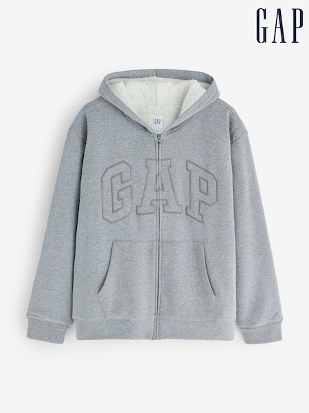 Γκρι - Regular Gap Relaxed Logo Sherpa-lined Zip-up Hoodie
