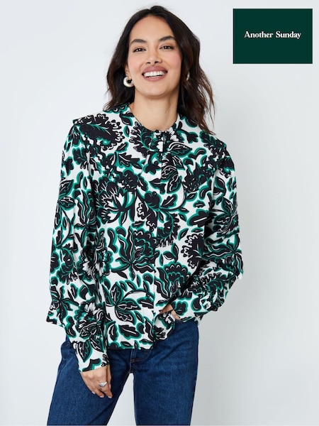 Another Sunday Cream Floral Print Trim Detail Button Through 100% Cotton Oversized Collared Blouse (AD8770) | AED116
