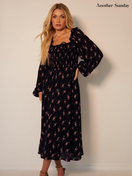 Another Sunday Shirred Bust Long Sleeve Milkmaid Floral Print Black Dress (AD8772) | 43 €