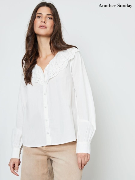 Another Sunday White Broderie Collar Button Through 100% Cotton Blouse (AD8773) | ₪191