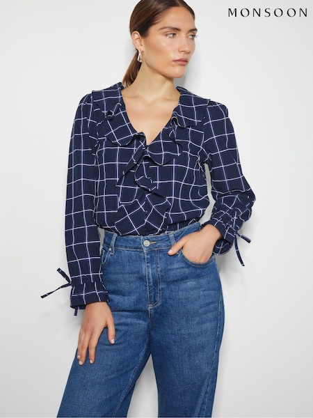 Monsoon Blue Frankie Check Print Ruffle Blouse (AD8902) | €30