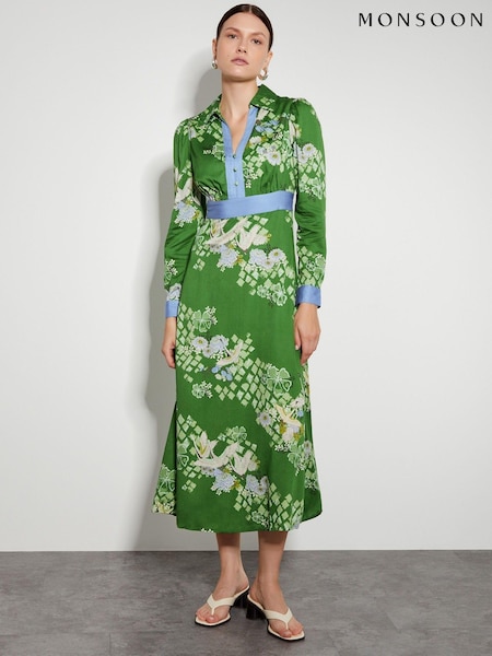Monsoon Green Jennifer Long Sleeve Floral Print Midi Dress (AD8913) | €69