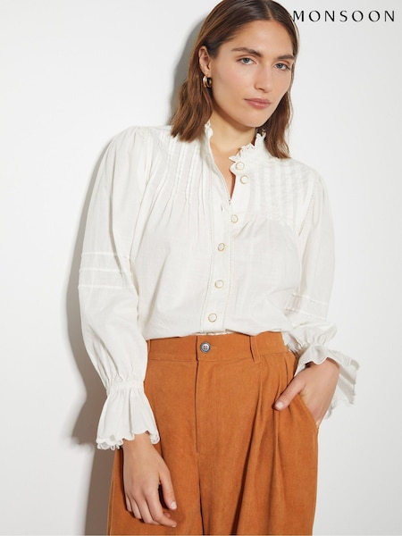 Monsoon White Rose Long Sleeve 100% Cotton Frill Pleat Shirt (AD8930) | €54