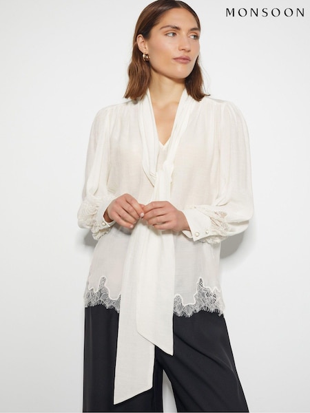 Monsoon Natural Reece Lacy Pussybow Blouse (AD8944) | AED347