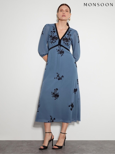 Monsoon Blue Tessa V-Neck Floral Midi Dress (AD8945) | €95