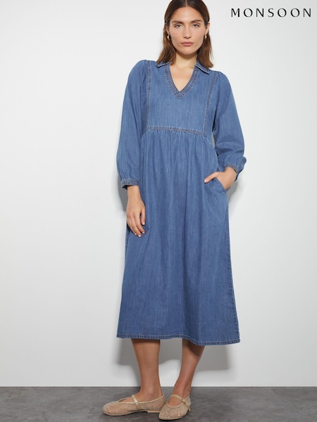 Monsoon Blue Wilma Long Sleeve 100% Cotton Denim Midi Dress (AD8947) | €51